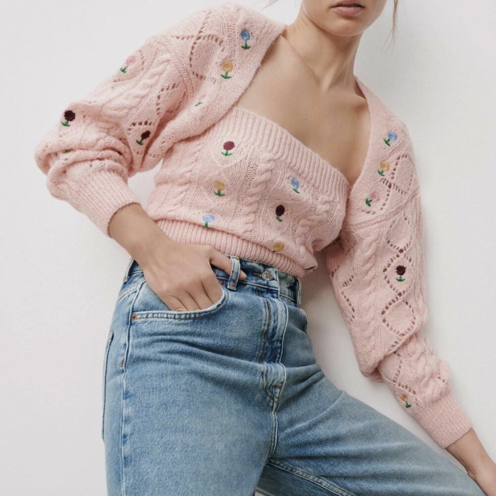 Zara Pointelle Shrug Cardigan floral crop womens Pink (medium) girly feminine